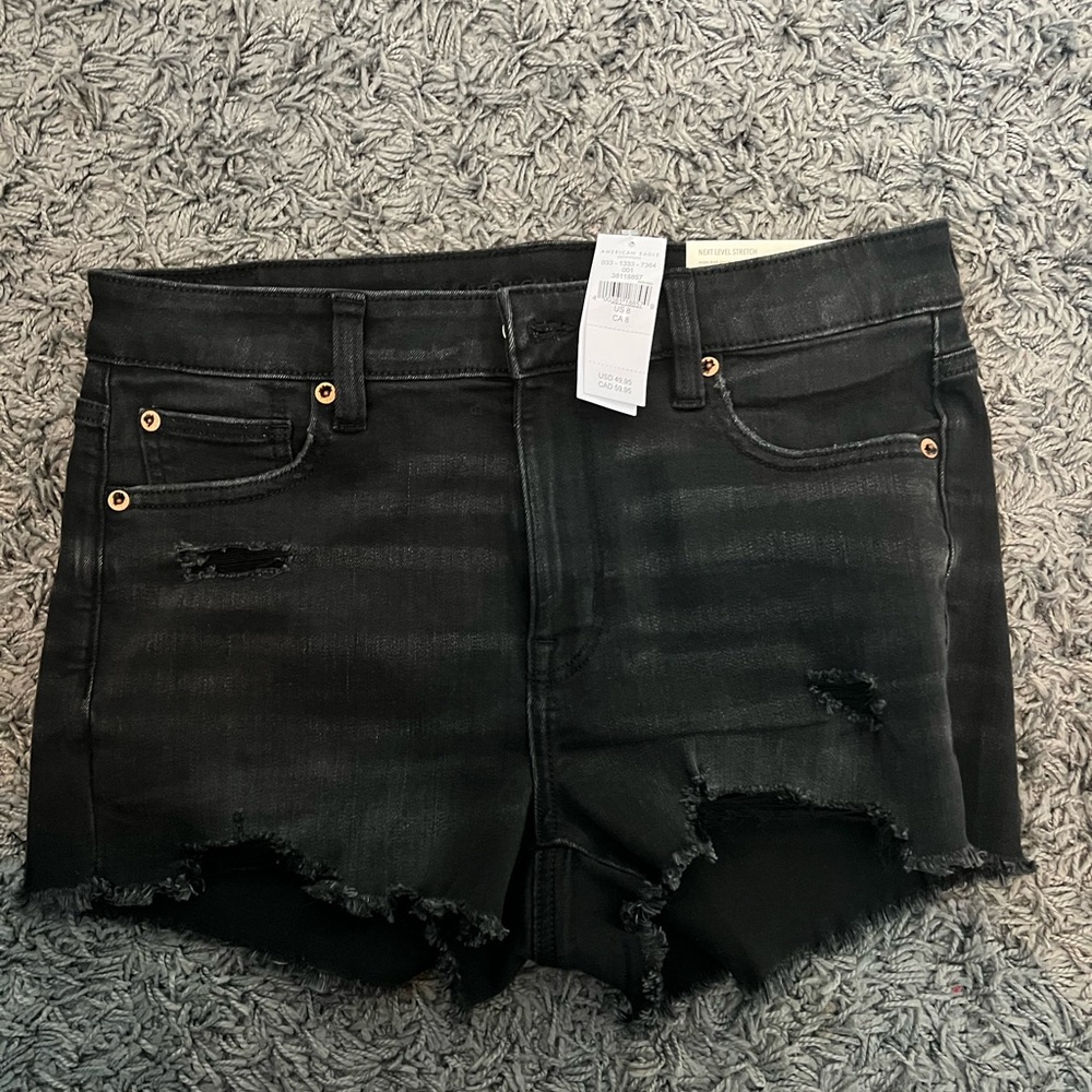 NEW American Eagle Black Jean Shorts with Distressed Frayed Hem